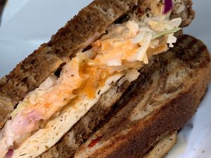 #77 Dr. Zaius: Seasoned Tofu, Spicy Coleslaw,
Veganaise, Russian Dressing, Marble Rye at Two Beards Deli in Grand Rapids