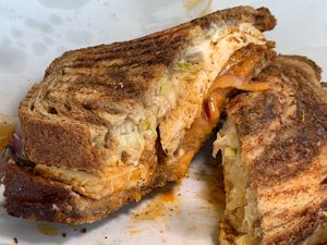 #86 Dale Earnhardt: Blackened Tofu, Sauerkraut, Red
Onions, Pickle Shreddies, Russian Dressing, Veganaise, Marble
Rye at Two Beards Deli in Grand Rapids