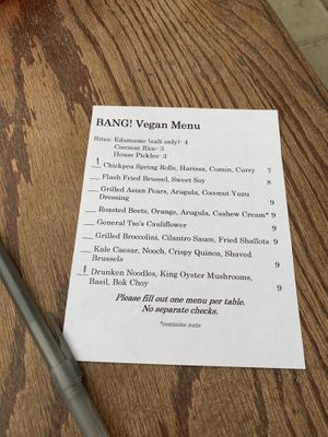 Vegan menu 😍 at Bang in Charlottesville