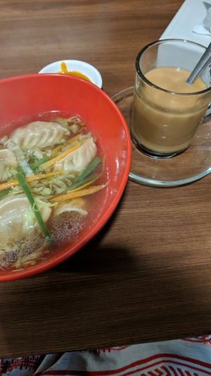 Momo soup and soy masala chai at Loving Heart in Kathmandu