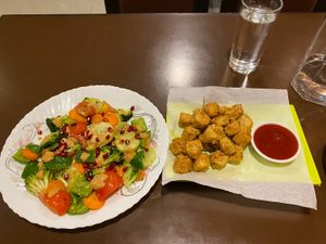 Warm Jazz salad and tofu fries.  at Loving Heart in Kathmandu