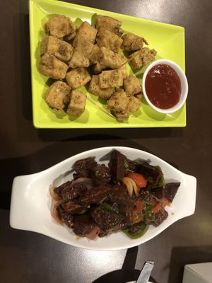 Tofu pakora and chilly seitan (not spicy)  at Loving Heart in Kathmandu