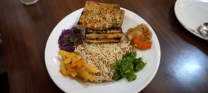 Tufo, kimtchi, rice at Loving Heart in Kathmandu