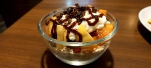 Friuts with soy yogurt and oats at Loving Heart in Kathmandu