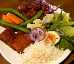 Tofu, rice and steam veg at Loving Heart in Kathmandu