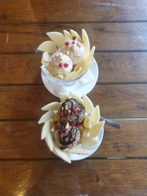 Sorbet with fruit and cashew nuts. at Loving Heart in Kathmandu