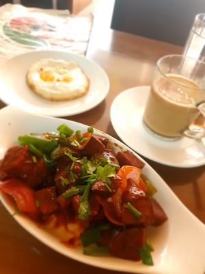 Chilly seitan, v-egg and soy masala chai. at Loving Heart in Kathmandu