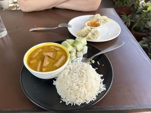 Tofu curry and vegetable momos   at Loving Heart in Kathmandu