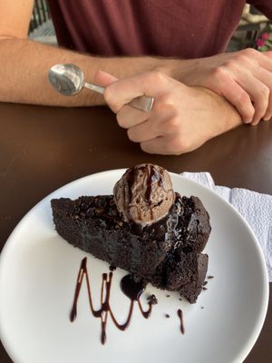 Chocolate brownie with added ice cream   at Loving Heart in Kathmandu