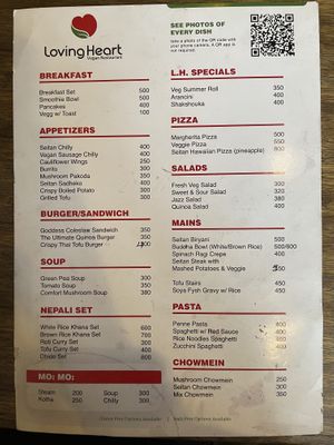 Menu  at Loving Heart in Kathmandu