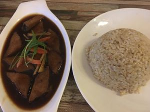 Ginger fish with gravy and brown rice at Loving Heart in Kathmandu