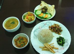 Khana brown rice set - tofu French fries,  lentils soup, vegetables mix and more!  at Loving Heart in Kathmandu