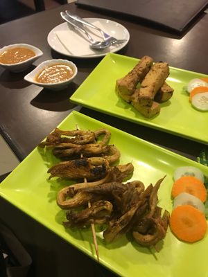 Tofu and mushroom skewers! at Loving Heart in Kathmandu