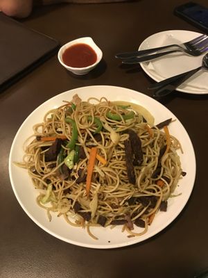 seitan chow mein with ketchup (??) at Loving Heart in Kathmandu