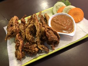 Mushroom pekoda, vegan but tastes like fried chicken amaaazing at Loving Heart in Kathmandu