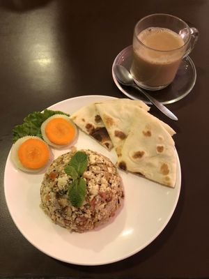 Scramble breakfast and chai at Loving Heart in Kathmandu