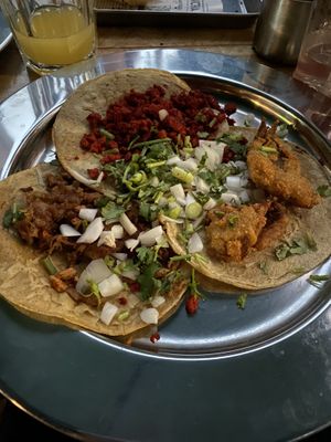 Left to Right: Barbasoya Tacos, Chorizo Rojo Tacos, Fried Muchroom Tacos (the best)  at Vegetal - temporarily closed in Mexico City
