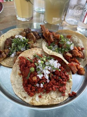 Tacos - red chorizo, spicy seitan, sausage   at Vegetal - temporarily closed in Mexico City
