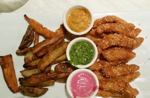 Vegan 'chicken' fingers. at Chia in Tel Aviv