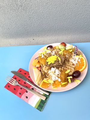 Waffles with fruit 🧇 at Flora and Fauna in Fremantle