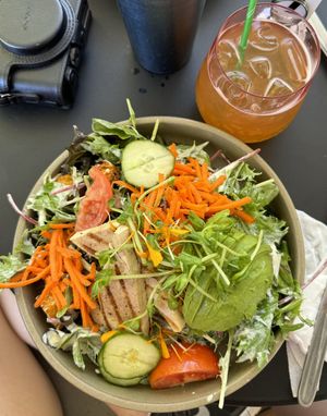 vegan Caesar salad with tofu, croutons and avocado + iced tea (peach)  at Flora and Fauna in Fremantle