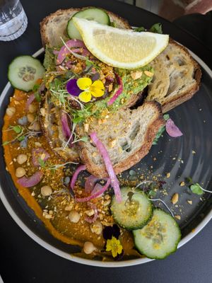 Smashed avocado with pumpkin smear. at Flora and Fauna in Fremantle