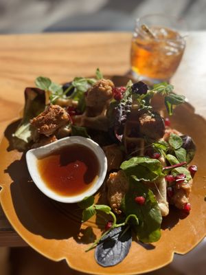 Vegan chicken waffle  at Flora and Fauna in Fremantle