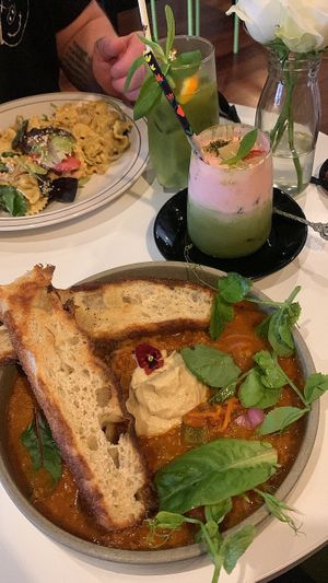 moroccan shakshuka, truffle mac & cheese, strawberry matcha, orange matcha  at Flora and Fauna in Fremantle