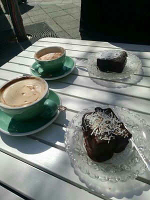 Vegan cakes and soy cappuccino at Flora and Fauna in Fremantle
