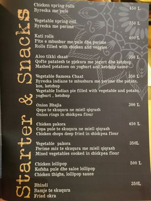 Menu at Chakra Indian Fusion in Tirana