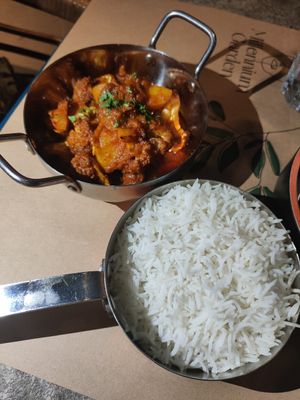 Aloo gobi (coliflower and potato) with rice at Chakra Indian Fusion in Tirana
