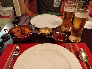 Samosas and beers at Chakra Indian Fusion in Tirana