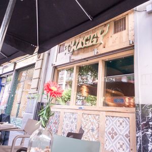 Enjoying vegan food in the terrace at Twiggy in Bilbao