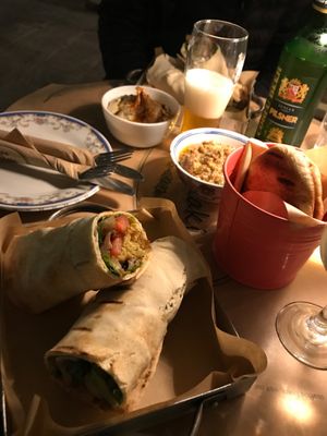 Vegan falafel wrap, hummus, aubergine salad and pita bread at Pane e Souvlaki in Corfu