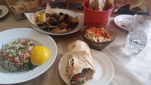 falafels, hummus, pita bread, tabouleh salad and grilled mushrooms  at Pane e Souvlaki in Corfu