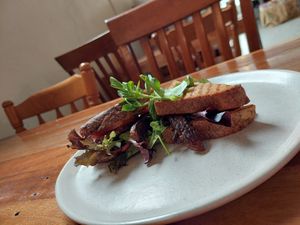 Tempeh BLAT with some sort of magical spicy mayo and gluten free   at Foraged in Seddon