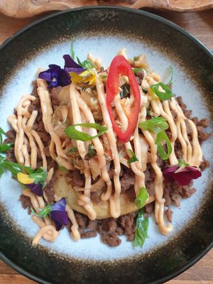 Loaded savoury pancakes $20.00 at Foraged in Seddon