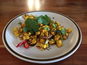 Indian 'eggs' (scrambled tofu) on toast at Foraged in Seddon