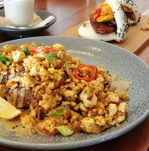 Scrambled tofu with tempeh bao sliders at Foraged in Seddon