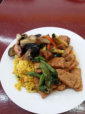 Tempeh, aubergine, veggies with fried rice $11:00 at Blossoming Lotus in Newtown