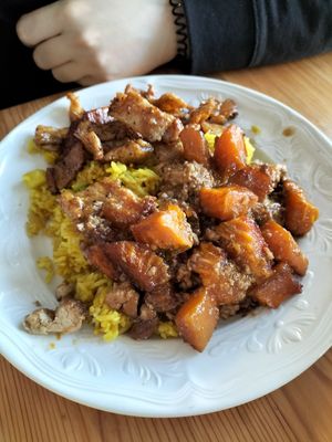 Crispy soy and pumpkin tofu basil with fried rice at Blossoming Lotus in Newtown