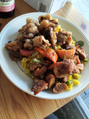 Eggplant mushroom and lemongrass chicken with fried rice at Blossoming Lotus in Newtown