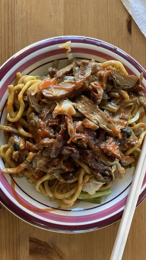 Hoiken noodles with roasted veggie duck   at Blossoming Lotus in Newtown