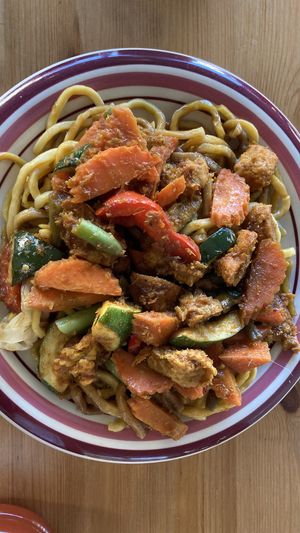 Hoiken noodles with veggie ribs and lemon grass   at Blossoming Lotus in Newtown