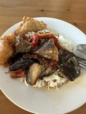 Eggplant curry in the display window with extra curry puffs #Veganuary at Blossoming Lotus in Newtown