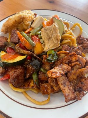 Red curry, crispy soy and veggie rib. Love the tofu skin in the red curry at Blossoming Lotus in Newtown