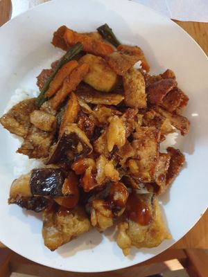 Veggie rib & lemongrass, Crispy soy, Eggplant tempura in tomato sauce at Blossoming Lotus in Newtown