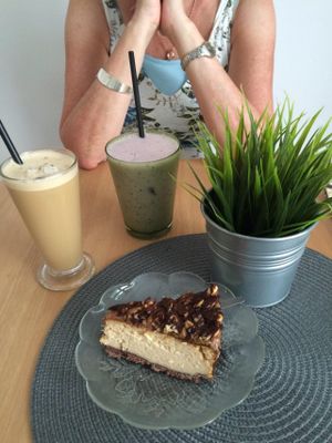 Vegan Snickers cake, soya frappe and a blueberry smoothie.  at Soya Cafe in Krakow