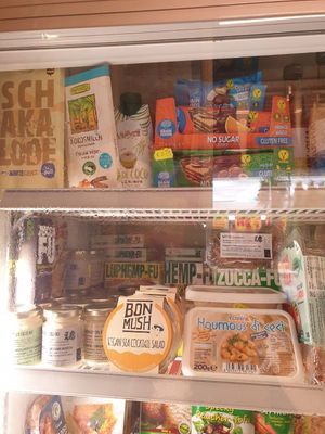 Fridge display instore at Vegan Store Stall 83 in Rome