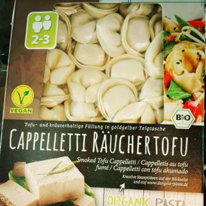 Vegan pasta filled with smoked tofu. Delicious at Vegan Store Stall 83 in Rome